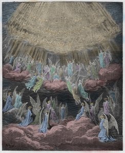 Paraíso, Canto 27: El ejército celestial cantando Gloria In Excelsis Deo, ilustración de La Divina Comedia de Dante Alighieri, 1885 (grabado coloreado digitalmente)